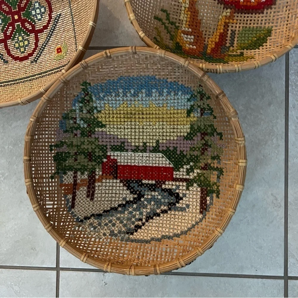 set of 3 hand embroidered basket wall mushroom, house, tree, flowers boho